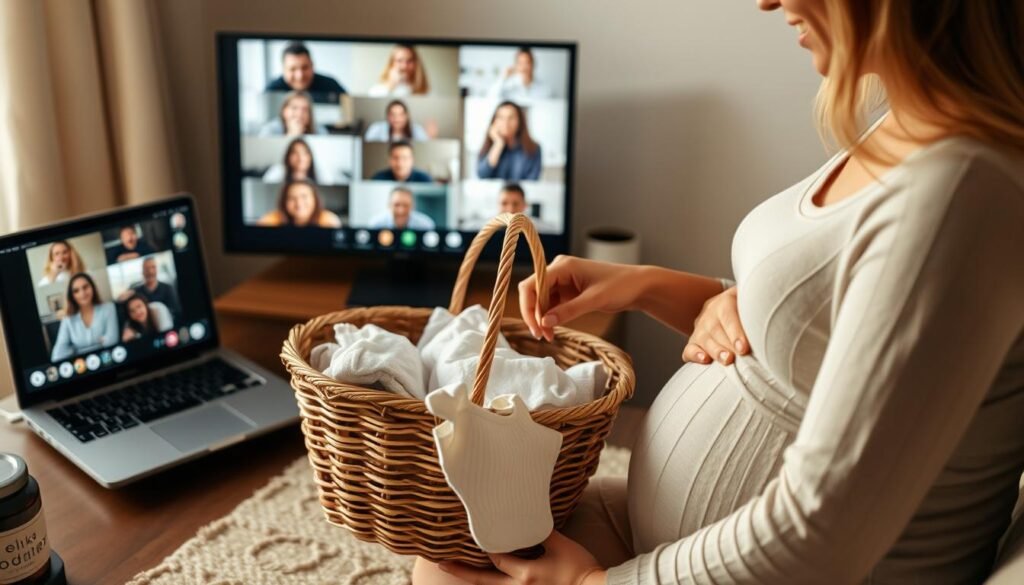 Baby gift basket being opened during a virtual baby shower