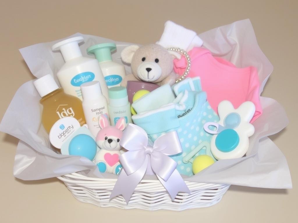 Baby shower gift basket filled with assorted baby essentials and small gifts