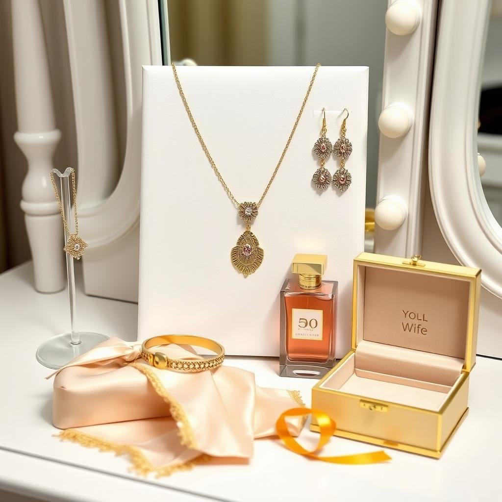 Beautiful 50th anniversary gifts for wife including gold jewelry, personalized keepsakes, and elegant accessories