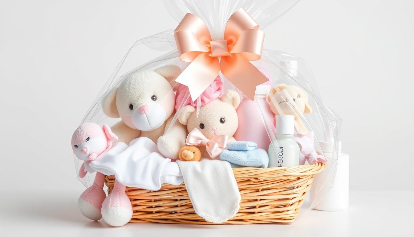 Beautifully arranged baby shower gift basket with soft toys, clothes and care products