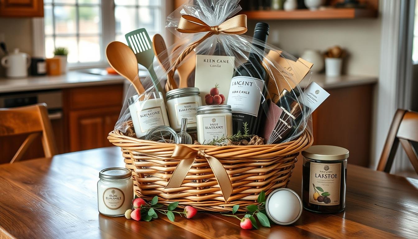 Beautifully arranged housewarming gift basket with kitchen items, candles, and wine on a wooden table
