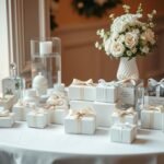 Beautifully arranged wedding gifts for guests on a decorated table at a reception