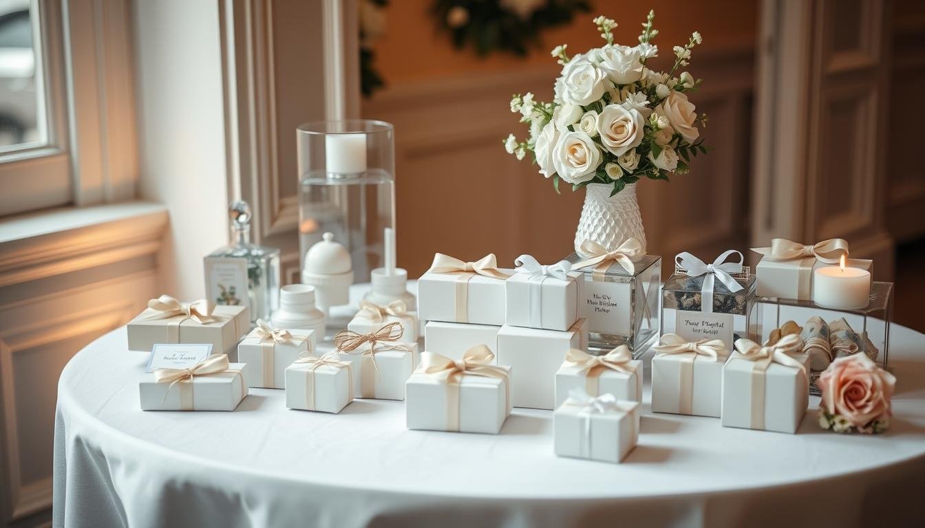 Beautifully arranged wedding gifts for guests on a decorated table at a reception
