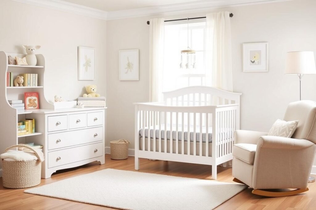 Beautifully decorated nursery with crib, changing table, and coordinated decor items