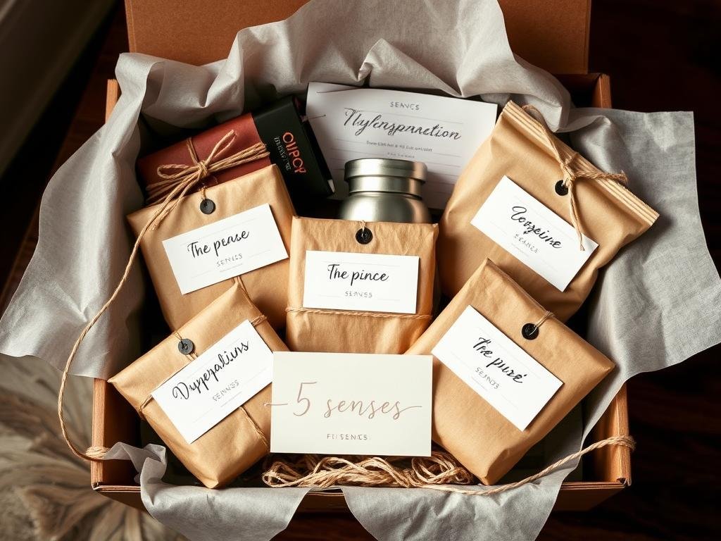 Beautifully packaged 5 senses gift with labels for boyfriend