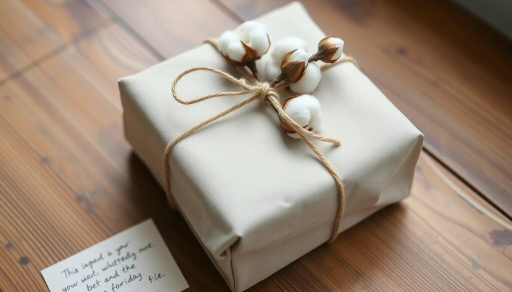Beautifully presented cotton anniversary gift with fabric wrapping and cotton flowers