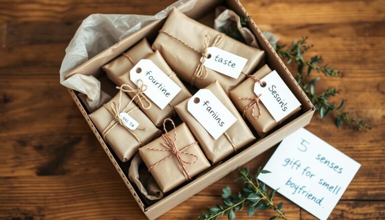 Beautifully wrapped 5 senses gift for boyfriend with tags for each sense