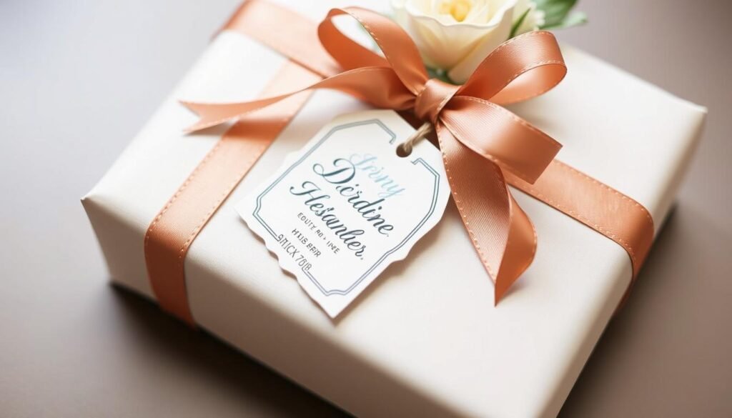 Beautifully wrapped DIY wedding gift with custom tag and elegant ribbon