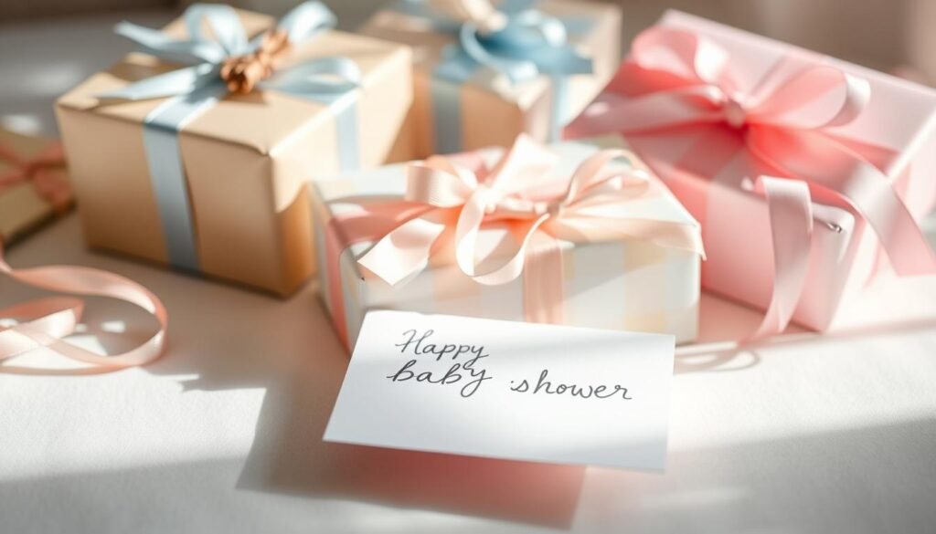 Beautifully wrapped baby shower gifts with handwritten note expressing warm wishes