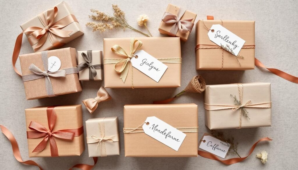Beautifully wrapped gift boxes with creative packaging, ribbons, and personalized gift tags
