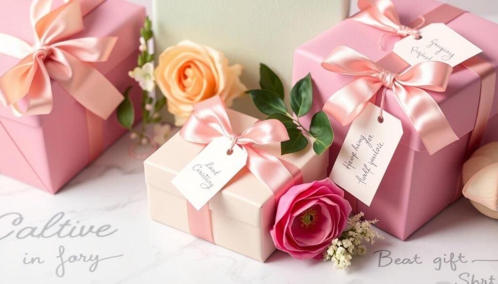 Beautifully wrapped gift boxes with ribbons and gift tag, representing thoughtful gift ideas for women