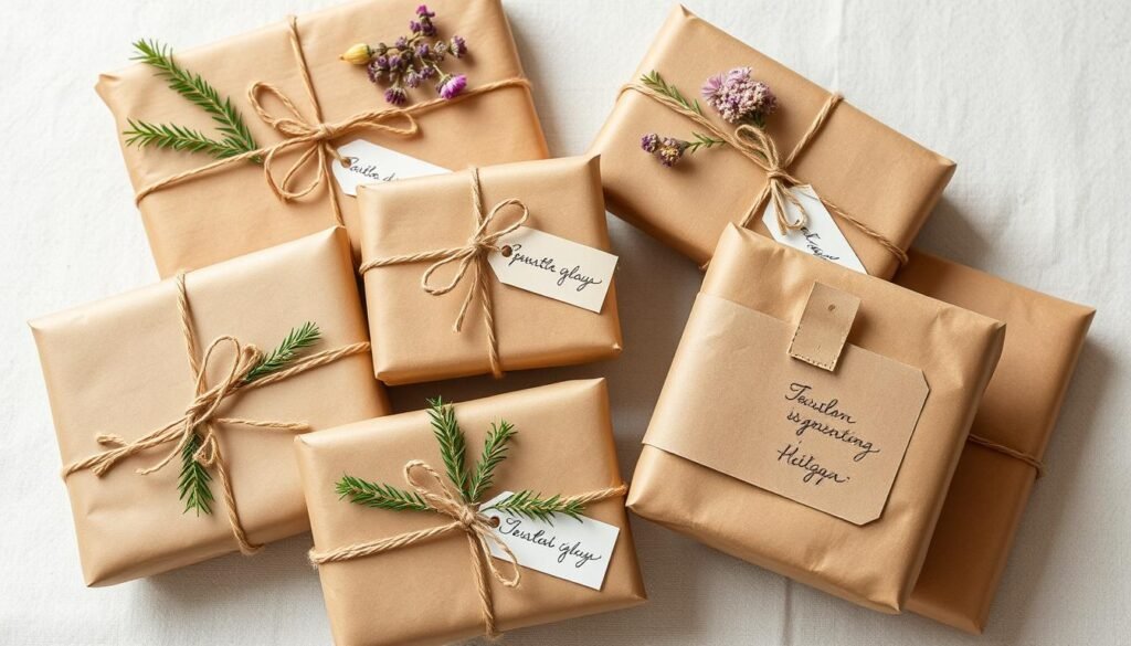 Beautifully wrapped handmade gifts with natural materials and handwritten tags