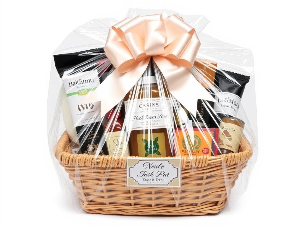 Beautifully wrapped housewarming gift basket with cellophane, ribbon, and personalized tag