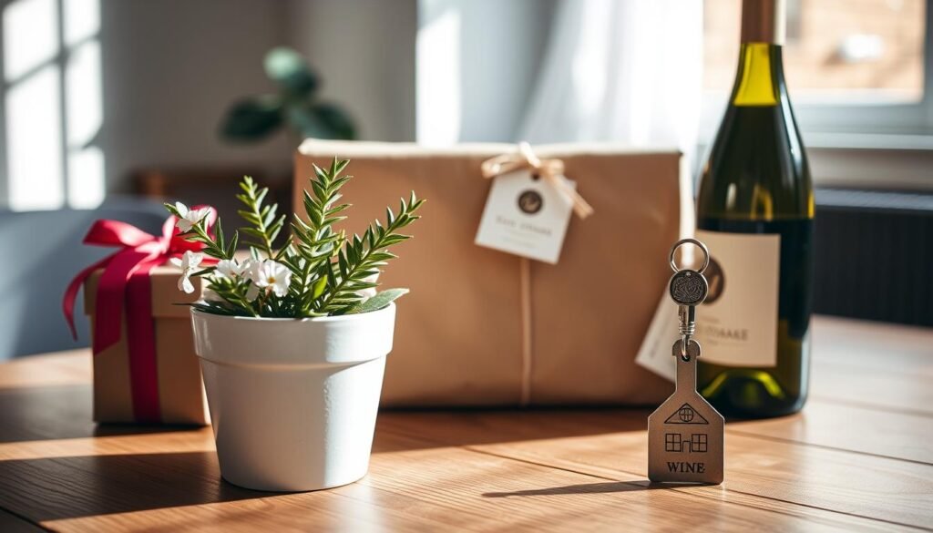 Beautifully wrapped housewarming gifts arranged on a wooden table with a new house key
