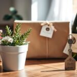 Beautifully wrapped housewarming gifts arranged on a wooden table with a new house key