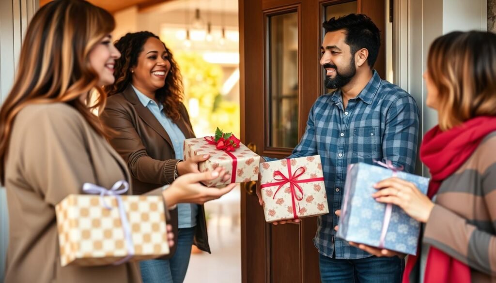Beautifully wrapped housewarming gifts being presented to new homeowners
