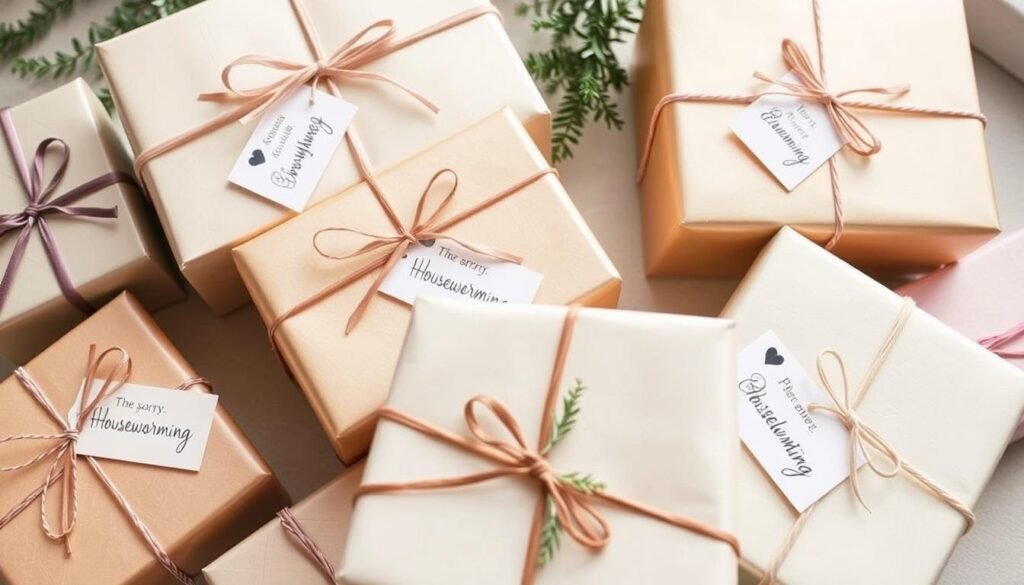 Beautifully wrapped housewarming gifts with handwritten cards and ribbon