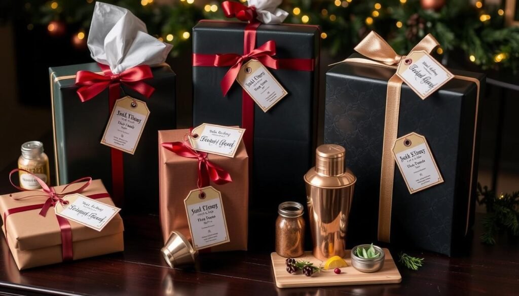 Beautifully wrapped mixology gifts with personalized tags and elegant presentation