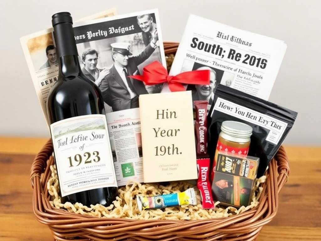 Birth year gift basket with wine, newspaper, and memorabilia from a specific year