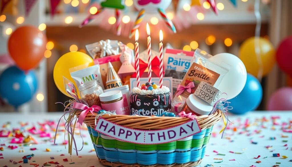Birthday gift basket with festive decorations, treats, and personalized items