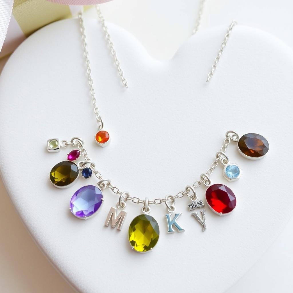 Birthstone and initial necklace with family members' stones for anniversary gifts for her