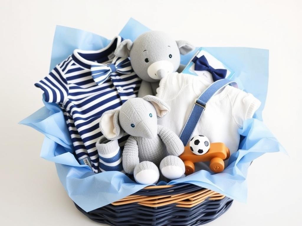 Blue themed baby boy gift basket with nautical elements