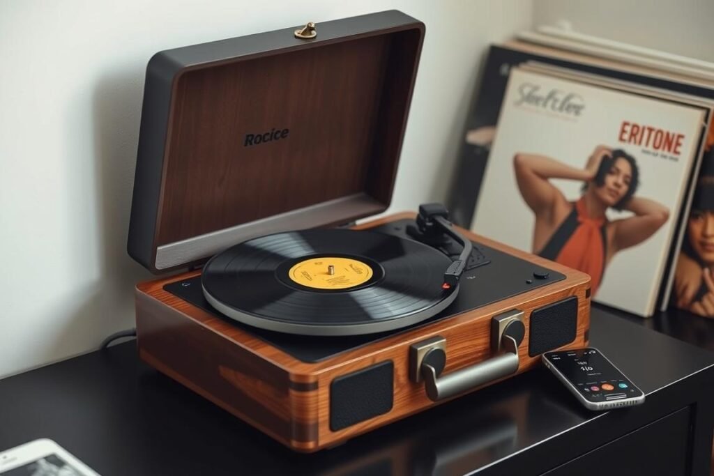 Bluetooth record player with vintage design playing a romantic vinyl