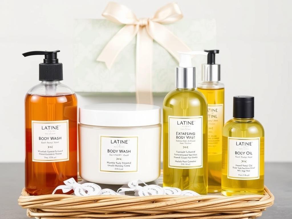 Body care gift set with lotion, scrub and body wash, comprehensive gift idea for women