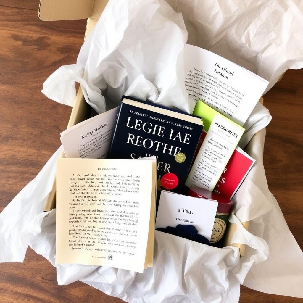 Book subscription box with a newly unwrapped hardcover book and reading accessories Book subscription box with a newly unwrapped hardcover book and reading accessories