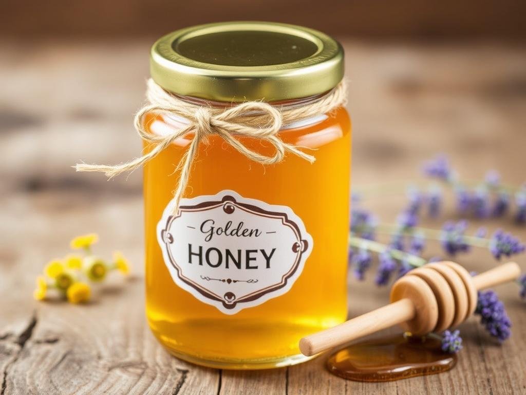 Bottle of local honey with a decorative bow as a small gift for neighbors