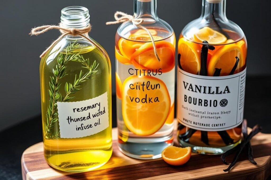 Bottles of homemade infused oils and spirits with custom labels and decorative elements