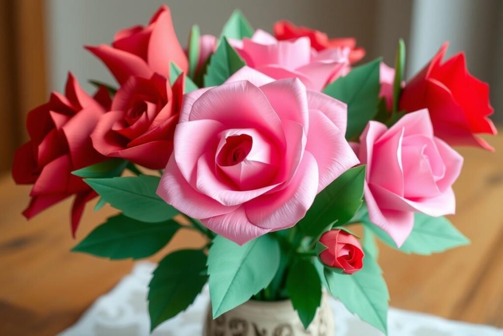 Bouquet of handmade paper roses in red and pink shades with green paper leaves