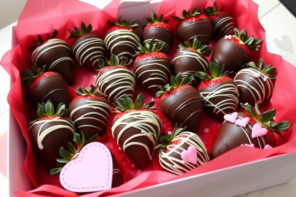 Box of chocolate-dipped strawberries decorated with white chocolate drizzle and heart sprinkles