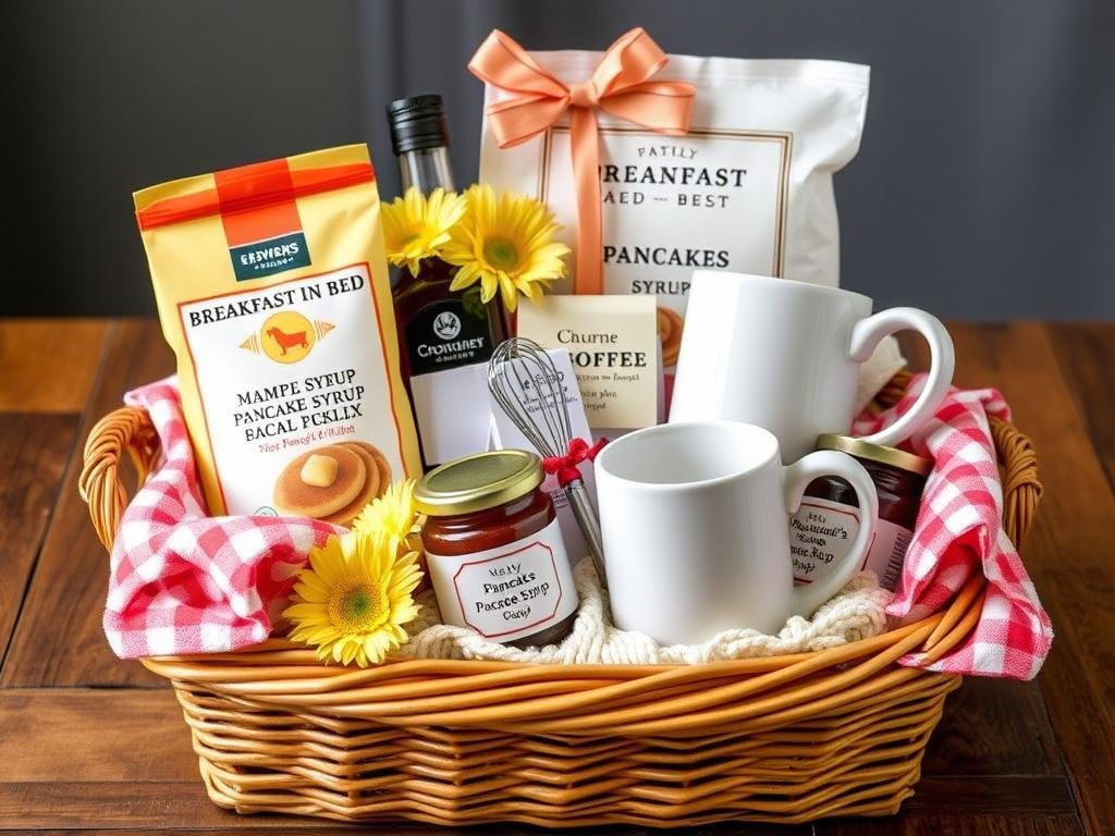 Breakfast gift basket with pancake mix, maple syrup, coffee, and mugs in a wicker basket