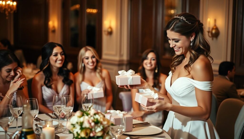 Bride giving gifts to bridesmaids at rehearsal dinner