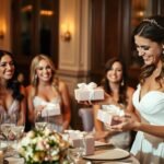 Bride giving gifts to bridesmaids at rehearsal dinner