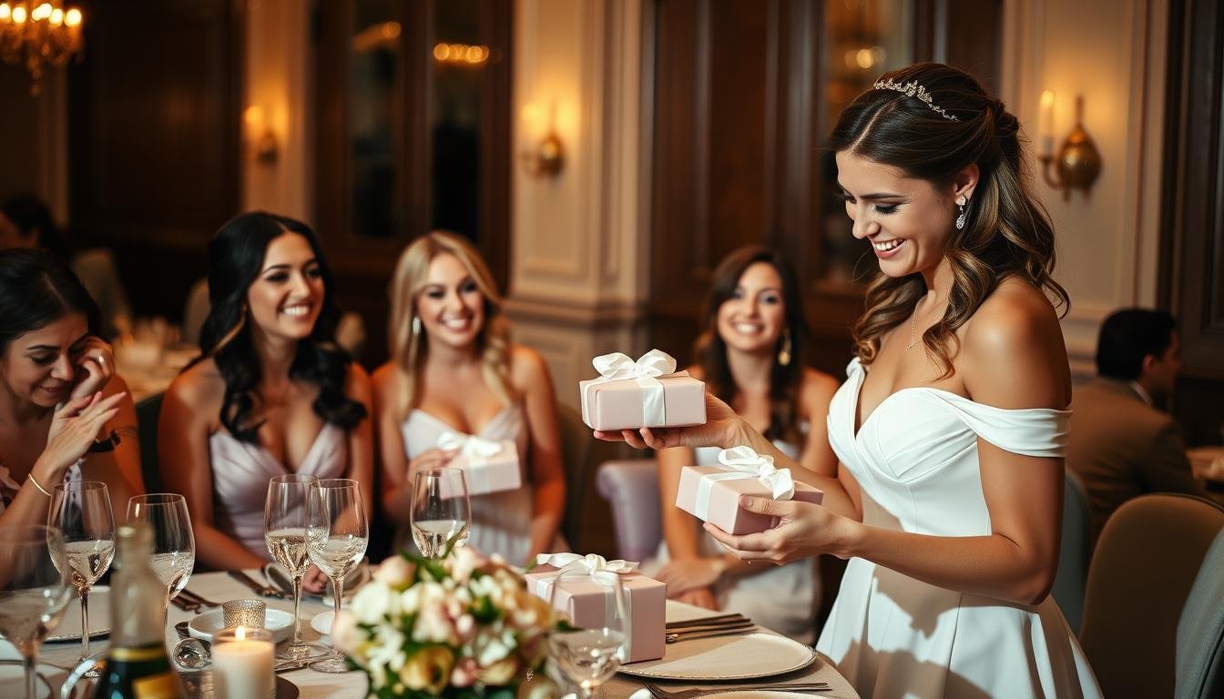 Bride giving gifts to bridesmaids at rehearsal dinner