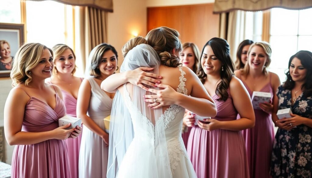 Bride hugging bridesmaids after giving gifts