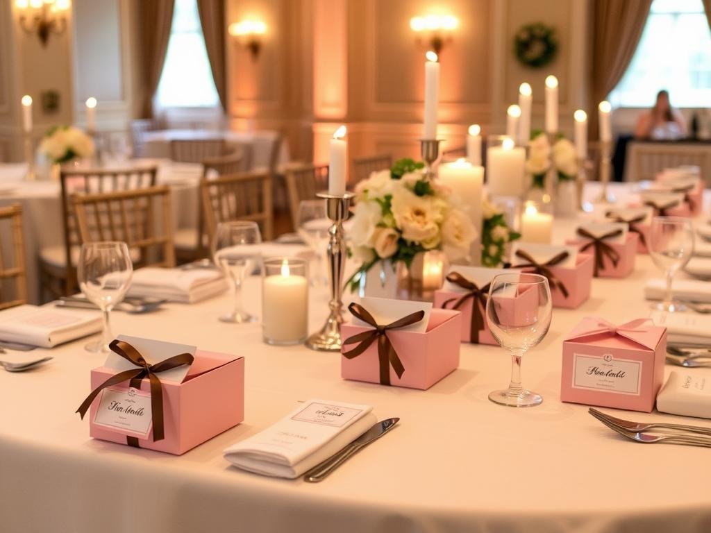 Bridesmaid gift boxes arranged at rehearsal dinner table