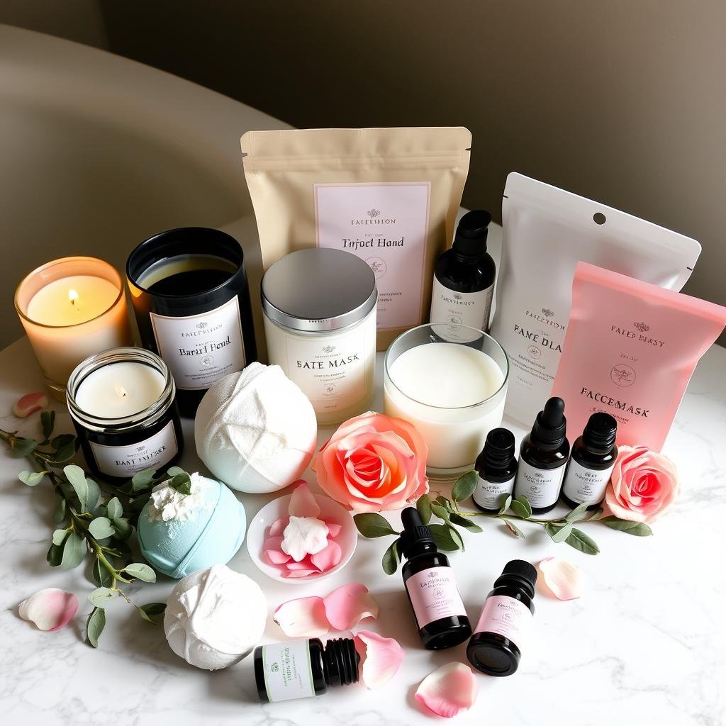 Bridesmaid self-care items including bath bombs and candles