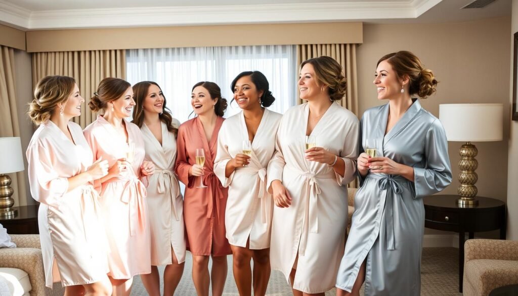 Bridesmaids in matching robes getting ready for wedding