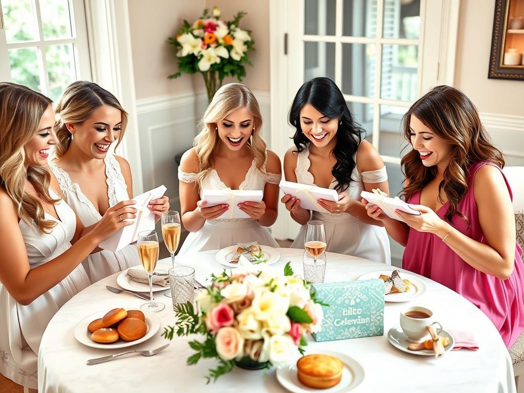 Bridesmaids opening gifts during pre-wedding brunch