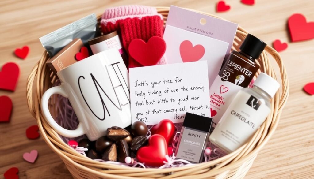 Budget-friendly Valentine's Day basket for him with thoughtful but inexpensive items
