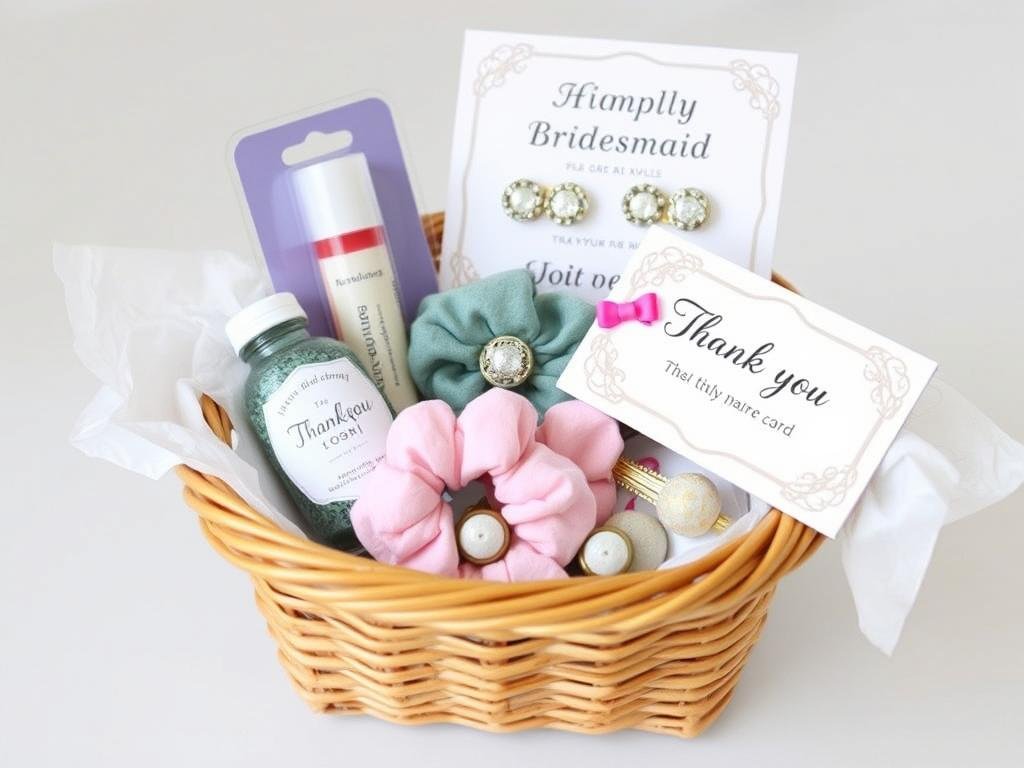 Budget-friendly bridesmaid gift basket with small items like lip balm, hair accessories, and chocolates