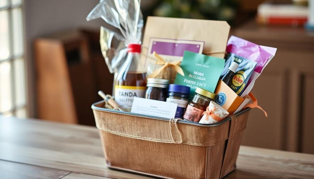 Budget-friendly gift basket with thoughtful but inexpensive items arranged creatively