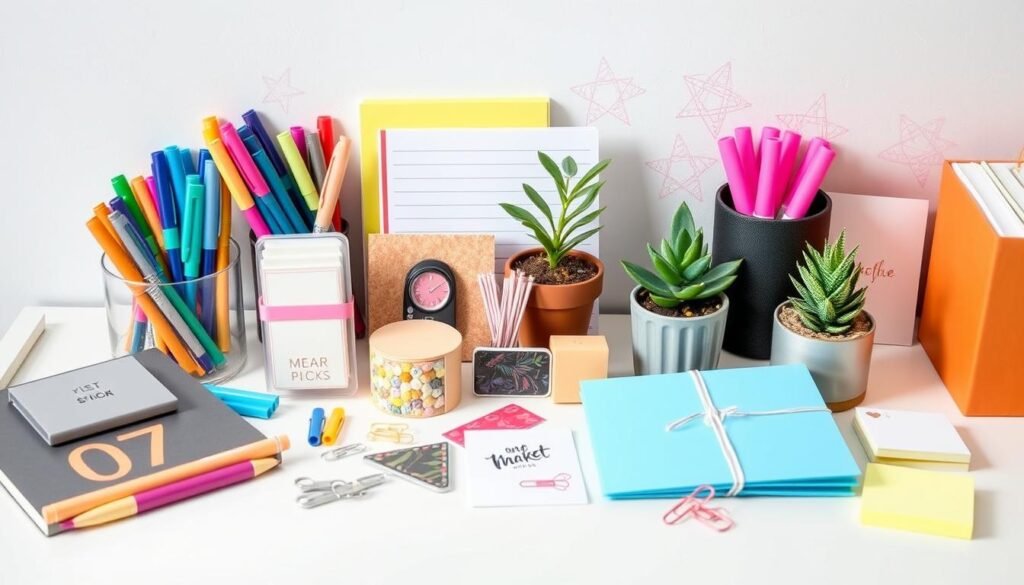 Budget-friendly gift ideas for coworkers displayed together including pens, notepads, and small desk plants