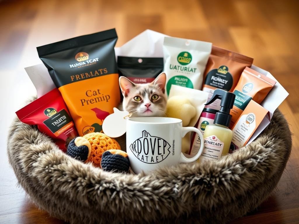 Cat lover gift basket with toys, treats, and cat-themed items for the owner