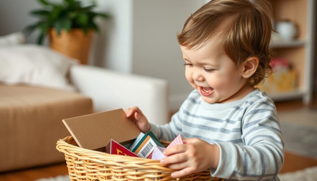 Child excitedly opening a personalized gift basket filled with age-appropriate items