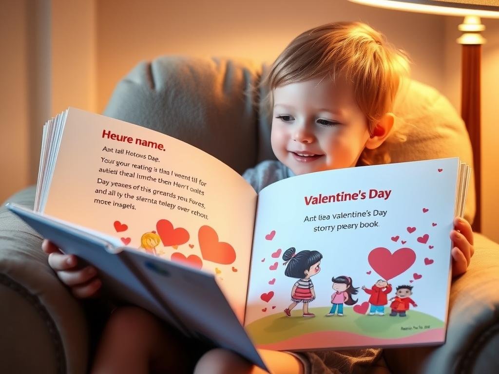 Child reading a personalized Valentine's storybook featuring their name and likeness