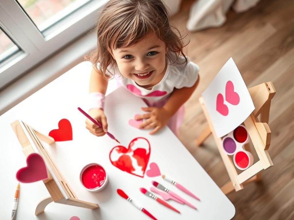 Child using Valentine's themed painting set with heart stencils